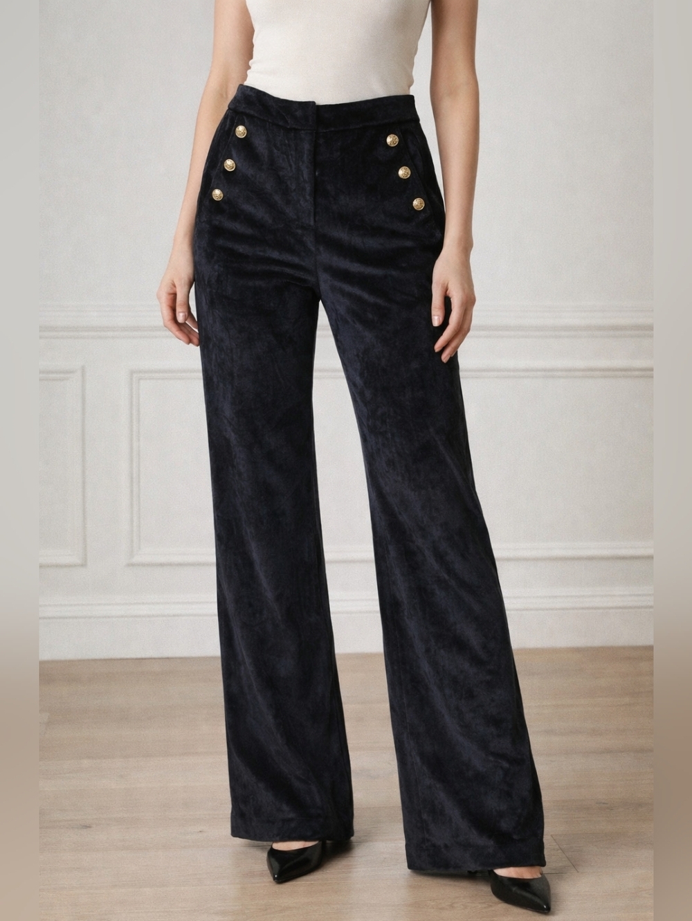 Maison D'Amelie Anthropologie Black Velvet Velour Flare Pants Gold Buttons Sz 6
